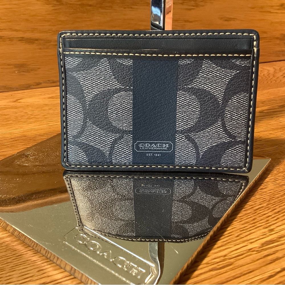 Coach Navy and White Card Holder with Monogram Design